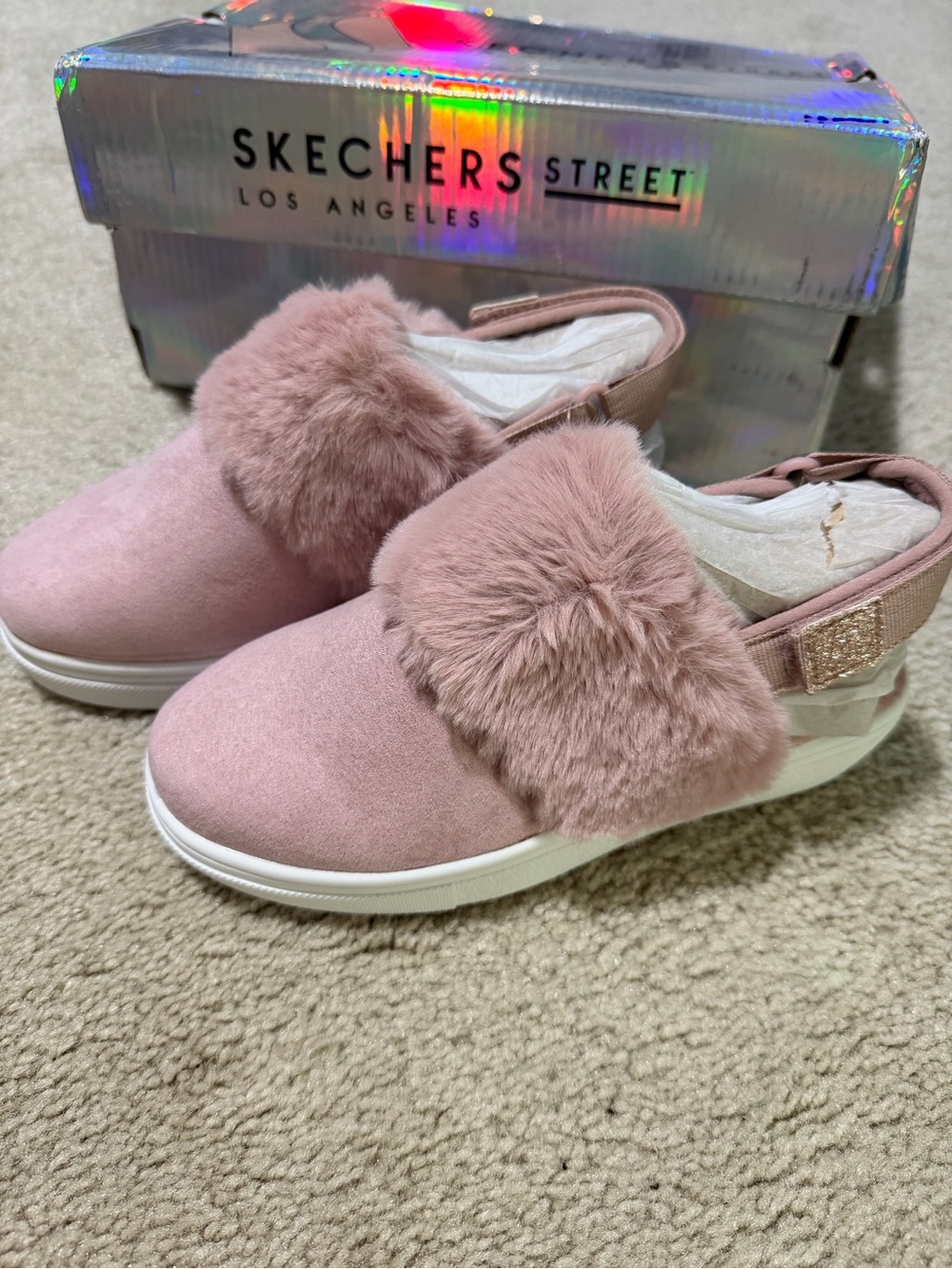 Skechers Street Kids' Pink Faux-Fur Slip-On Sneakers size 2 new